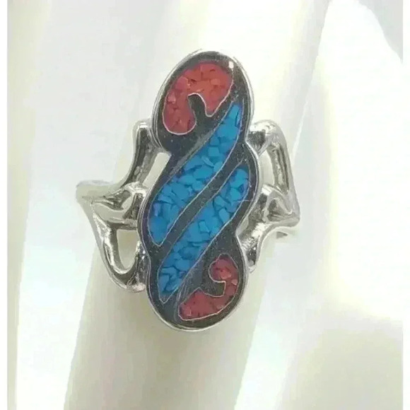 Silver Ring Native American Style Gemstone Turquoise & Coral Chips Inlaid sz 7 - Picture 2 of 8